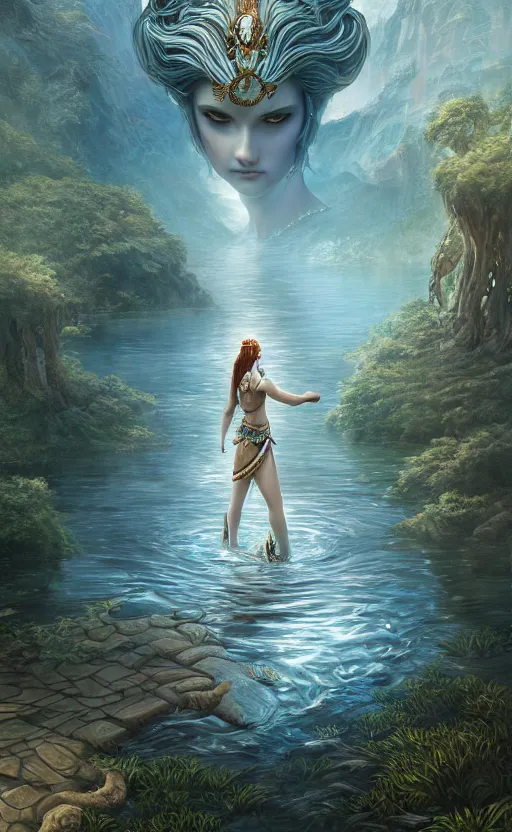 Image similar to the goddess of the lake, highly detailed, d & d, water everwhere fantasy, highly detailed, digital painting, trending on artstation, concept art, sharp focus, global illumination, ray tracing, illustration, art by artgerm and greg rutkowski and fuji choko and viktoria gavrilenko and hoang lap