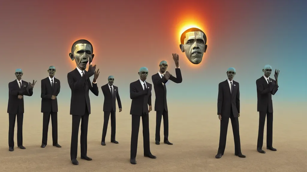 Prompt: vampire Obama clones carrying an Obama god head ; render by Beeple, 4K