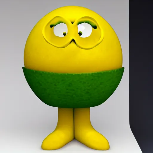 Image similar to a lemon in shape of a human with legs of lemons and round body, very realistic, high quality, volumetric light