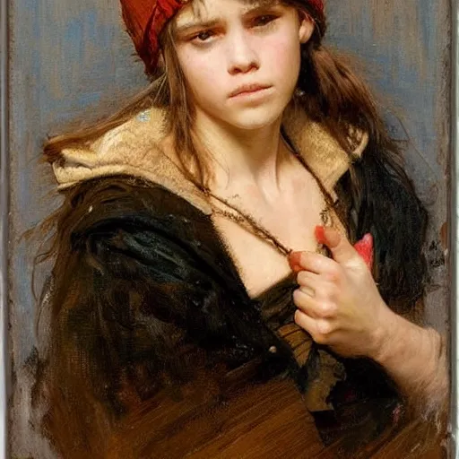 Prompt: portrait of a young girl covered in scars wearing a black hood, the young girl looks angry and seems to look for revenge, extremely detailed painting by gaston bussiere and j. c. leyendecker 8 k