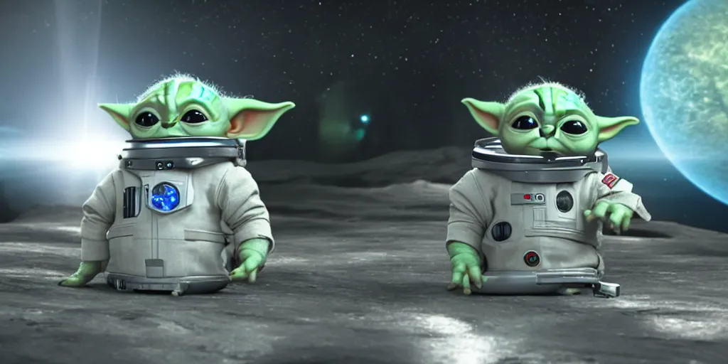 Image similar to a 3 d rendered movie still of baby yoda wearing a spacesuit, and exploring cosmos in a super awesome space ship. science fiction blockbuster movie, dramatic lighting, imax 7 0 mm. buzz lightyear