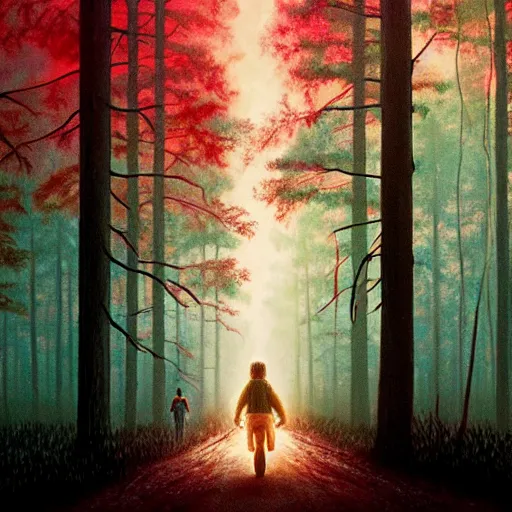 Image similar to Painting of forest in the upside down in stranger things