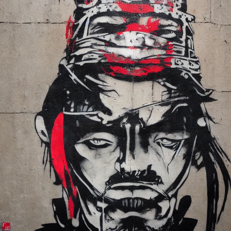 Image similar to Street-art portrait of samurai in style of Banksy, photograph, photorealism, detailed, award wining, 4k