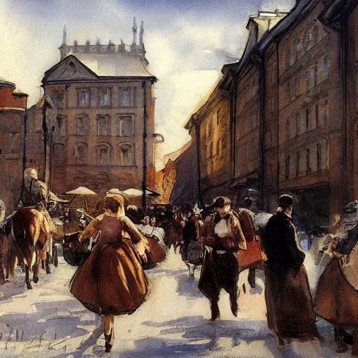 Prompt: stockholms old city in style of anders zorn