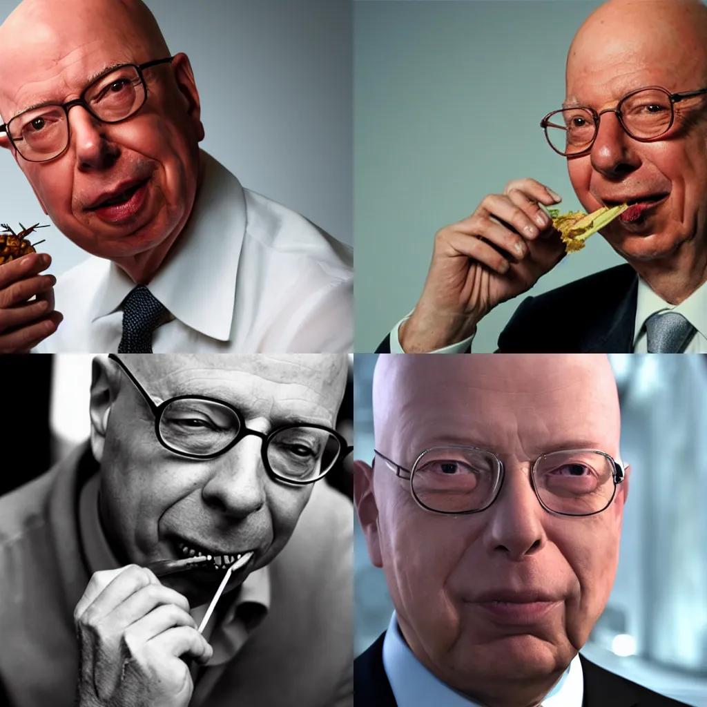 Prompt: Klaus schwab eating bugs, 4K, photorealistic