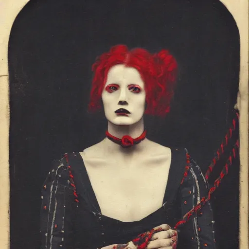 Image similar to dark portrait, death ultra red head woman in medieval dress, strangled with rope, bluish face, victorian style, high detail