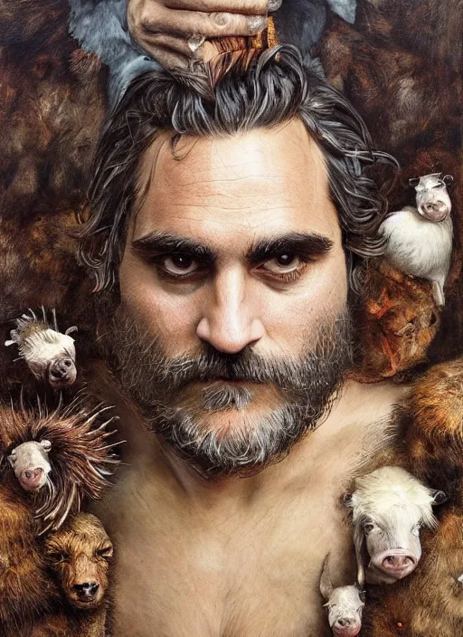 Image similar to a hyper detailed painting of joaquin phoenix surrounded by animals, cow horns, pig nose, sheep wool, chicken feather armor, horror, by anna podedworna, by miklos ligeti, by diego maricato, by taran fiddler, by antonino truisi, by chris reddie, by jinsung lim, trending on artstation