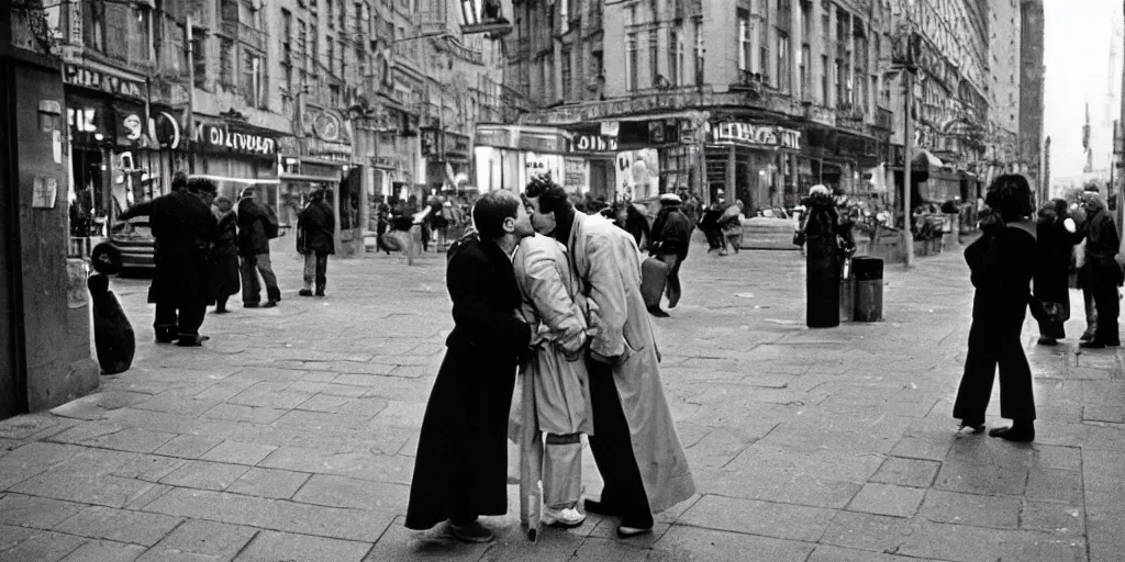 Image similar to street photo, couple of man and woman kiss on the background of the war, film photography, exposed b & w photography, christopher morris photography, bruce davidson photography, peter marlow photography