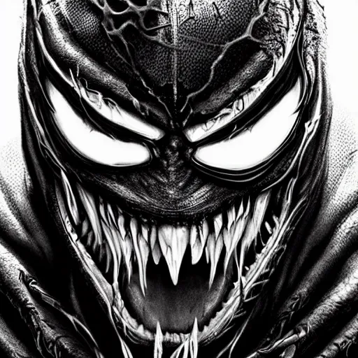 Image similar to venom king arthur version, ultra realistic, highly detailed, photorealism, scary, intricate detail, high res, textures, extremes, dark, twisted, black, wiry, superhero, antihero, powerful, teeth, licking tongue, armor, hair, knight trending on artstation