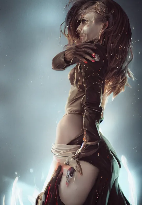 Image similar to full body illustration of girl with eyes that burn like cigarettes wearing a short skirt and a long jacket with fingernails that shine like justice, dramatic lighting, photorealistic, full body portrait, detailed anatomy, extreme detail, 4 k, colorful, artgerm and ben lo, octane render, detailed face, f / 2. 8