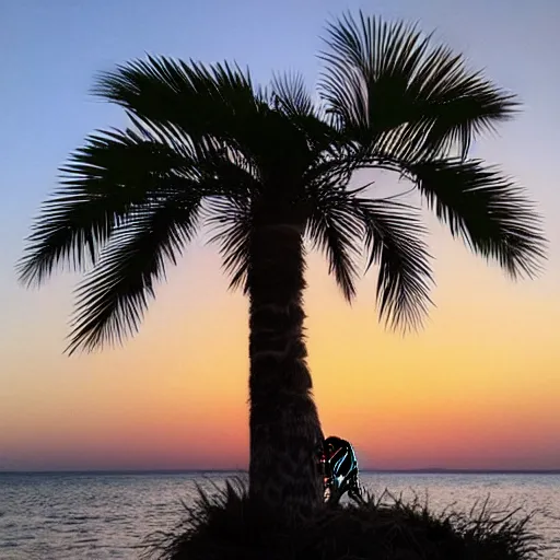 Prompt: “ leopard sitting on the top of a palm tree, sunset in background ”