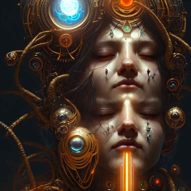 Image similar to ultra realistic beautiful cyborg deity eyes closed, fantasy, intricate details, movie still, highly detailed, photorealistic, octane render, eerie, 8k, art by artgerm and james clyne and greg rutkowski and alphonse mucha