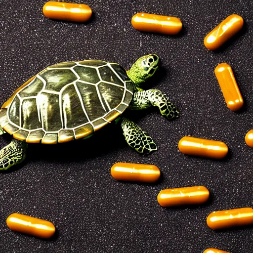 Prompt: a turtle crawling in a pile of adderall pills