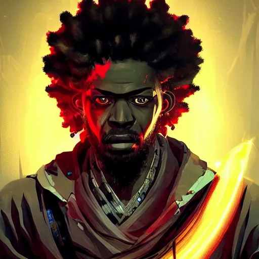 Image similar to afro samurai with robotic eyes in a dark fantasy cyberpunk style with a glowing ruby in the middle of his forehead, Apex Legends character, digital illustration portrait design, by android jones and greg rutkowski, retrowave color scheme, detailed, cinematic lighting, wide angle action dynamic portrait