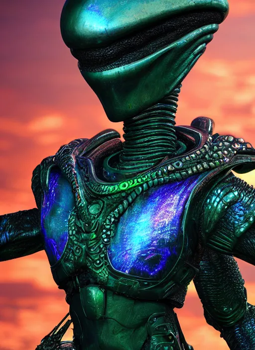 Prompt: alien in peacock armor, realistic details, cinematic lighting, 8K HD