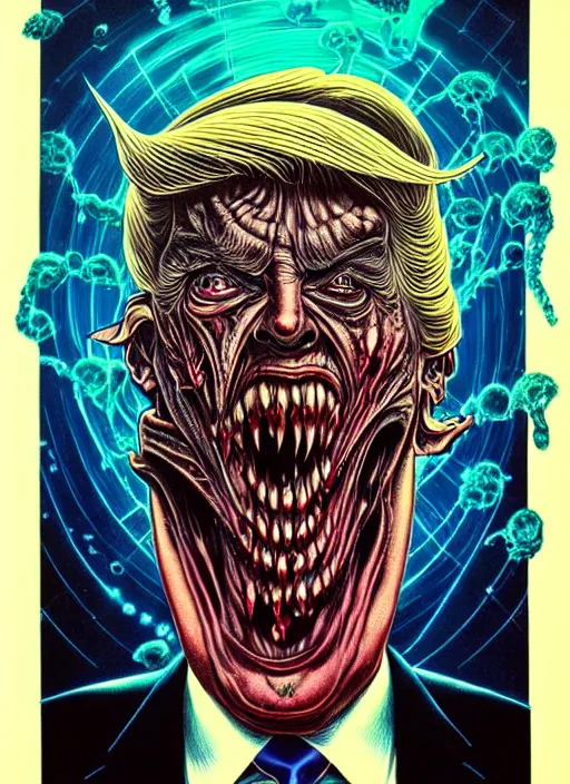 Image similar to donald trump's disgusting true form burstin from within, horror, high details, intricate details, by vincent di fate, artgerm julie bell beeple, 1 9 8 0 s, inking, vintage 8 0 s print, screen print