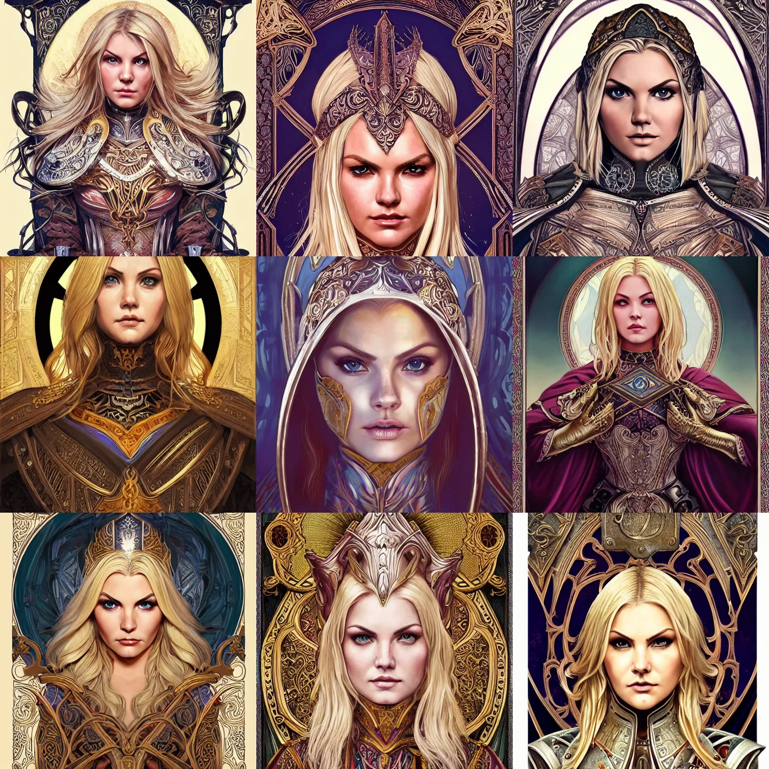 Prompt: head-on symmetrical centered painted portrait, Elisha Cuthbert as a paladin, blonde hair, ornate iron armour, art nouveau, tarot card style, medieval robes, fantasy, intricate, elegant, highly detailed, smooth, sharp focus, illustration, artstation, in the style of Artgerm and Anna Podedworna and Alex Ross and Mucha