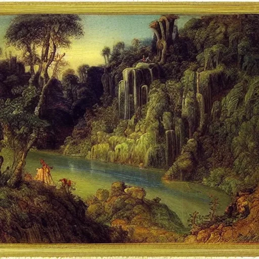 Prompt: A beautiful print of a landscape. It is a stylized and colorful view of an idyllic, dreamlike world with rolling hills, peaceful looking animals, and a flowing river. The scene looks like it could be from another planet, or perhaps a fairy tale. pottery by Gustave Moreau neat