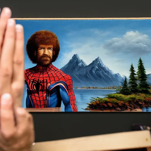 Image similar to a closeup photorealistic photograph of bob ross working on a canvas painting of spiderman. film still. brightly lit scene. mountains and trees. this 4 k hd image is trending on artstation, featured on behance, well - rendered, extra crisp, features intricate detail, epic composition and the style of unreal engine.