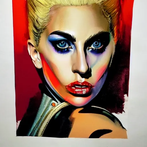 Image similar to detailed details photorealistic pictures lady gaga as harley queen in the style of bob peak and alex ross, gouache and wash paints color, detailed details facial and body and human and environments and proportionate, detailed 5 k details.