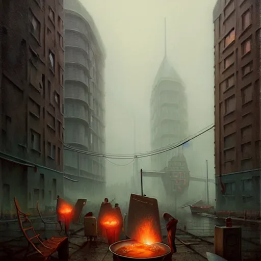 Prompt: waiting in line for cold soup by simon stalenhag and gil elvgren and tom bagshaw, highly detailed, hyperrealism, dreary, cold, cloudy, grey