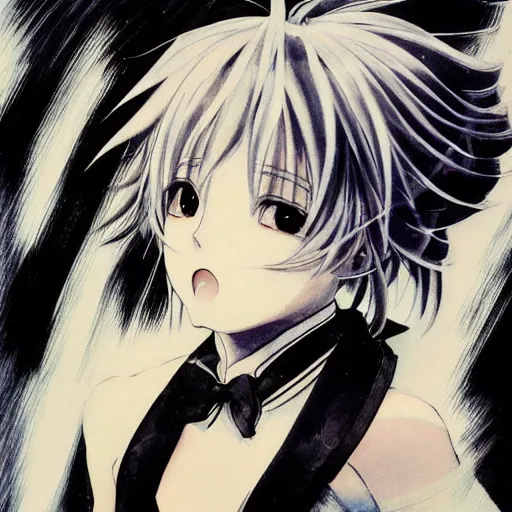 Prompt: Realistic illustration of an anime girl with short white hair and black eyes wearing tuxedo in the style of Yoshitaka Amano, abstract black and white background with lines, film grain effect, highly detailed, Renaissance oil painting