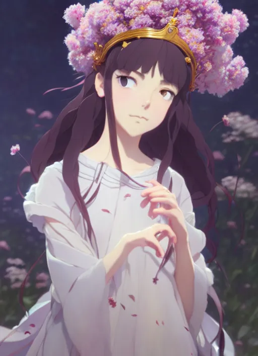 Image similar to a film still portrait of nymph girl with crown of flowers, finely detailed features, perfect art, trending on pixiv fanbox, painted by greg rutkowski makoto shinkai takashi takeuchi studio ghibli, akihiko yoshida,