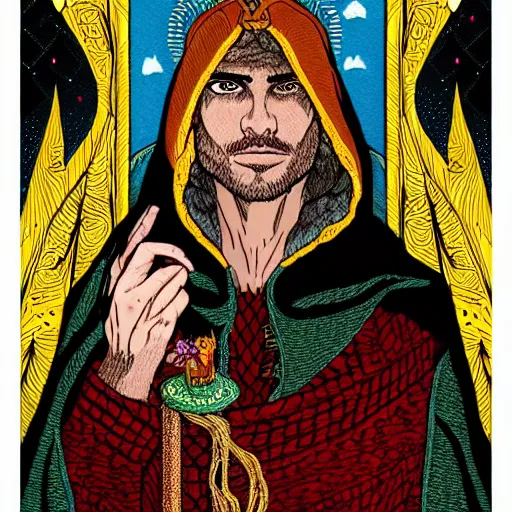 Prompt: portrait of man wearing an embroidered cloak and holding scales, tower, archway, tarot card style, intricate, elegant, full color, trending on artstation