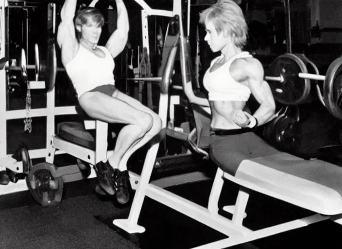 Prompt: Photos from the 1980's. A muscular woman is working out in the gym.