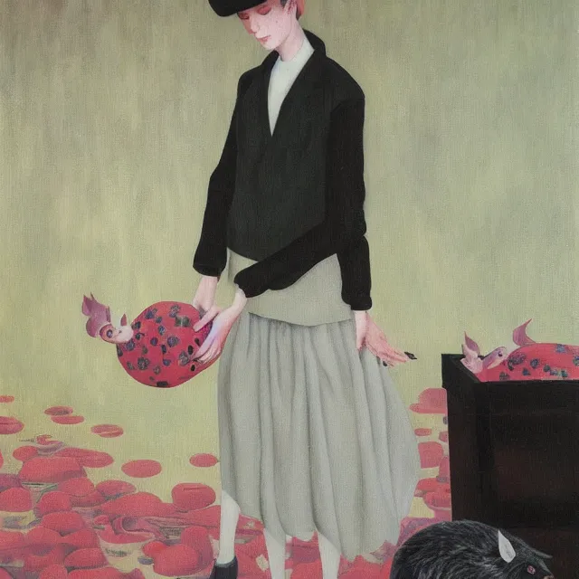 Image similar to tall female emo artist holding a pig in her flooded bathroom, water gushing from ceiling, painting of flood waters inside an artist's bathroom, a river flooding indoors, pomegranates, pigs, ikebana, zen, water, octopus, river, rapids, waterfall, black swans, canoe, berries, acrylic on canvas, surrealist, by magritte and monet