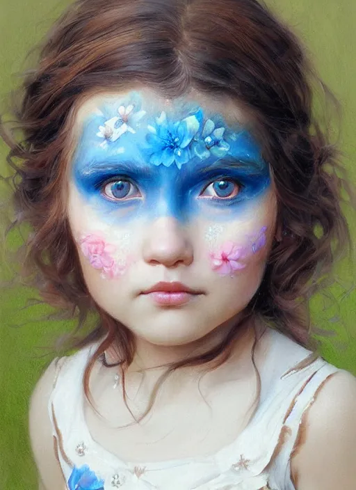 Prompt: a little girl with short wavy brown hair and blue eyes with her face painted. face painting of flowers. beautiful highly detailed face. painting by artgerm and greg rutkowski and raymond swanland.