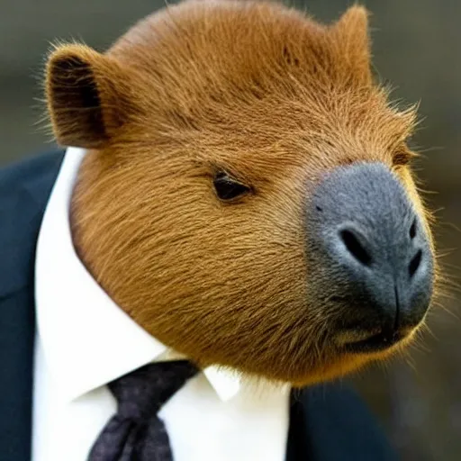 Image similar to capybara head, a man wearing a suit capybara head