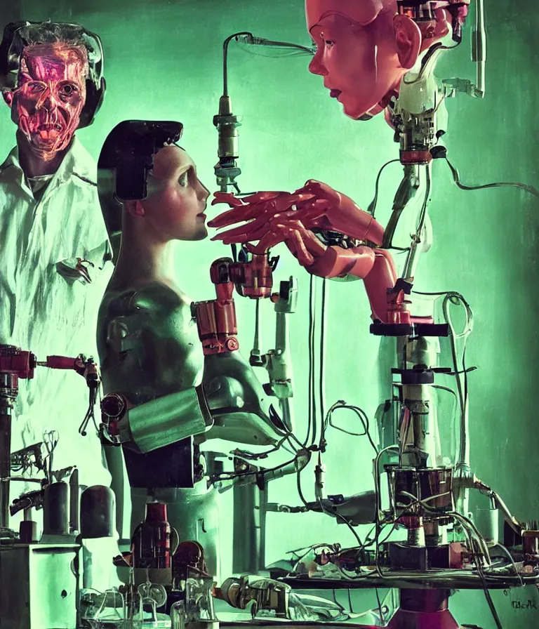 Image similar to a female mad scientist building a humanoid robot - man, in a darkly lit laboratory room, 1 9 5 0 s horror movie poster style, norman rockwell oil painting, tight shot, close - up shot, retro science fiction, vintage, saturated pink and green lighting, shadowy lighting, cohesive