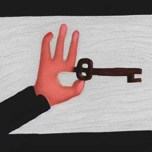 Prompt: an open hand, a key, a clumsy drawing, white background