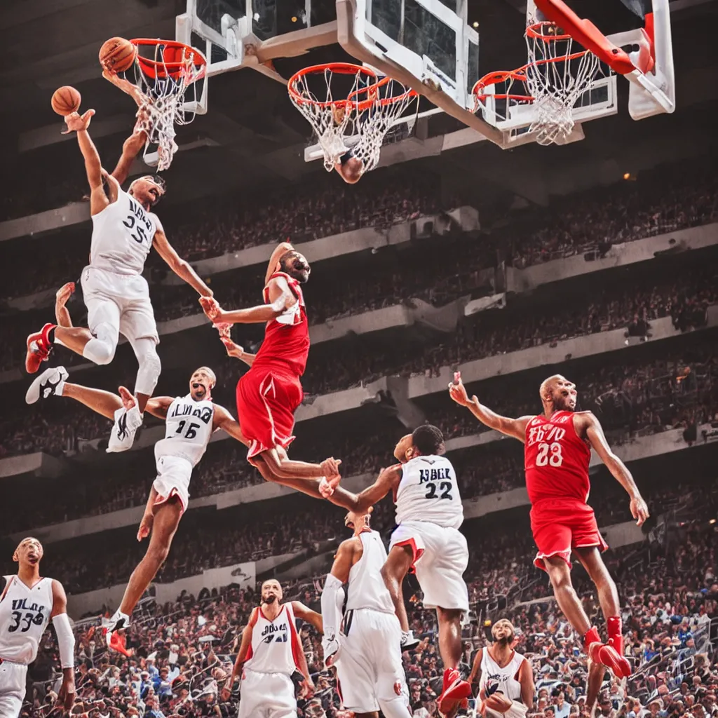 Image similar to very old man slam dunking basketball nba, very detailed, 4 k, professional photography