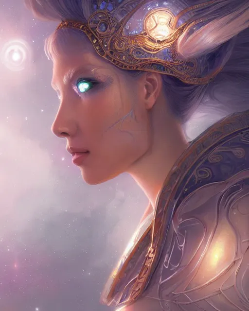 Image similar to close up portrait of a beautiful pleiadian starseed, fantasy, intricate, elegant, highly detailed, digital painting, artstation, concept art, smooth, sharp focus, illustration, by artgerm and greg rutkowski