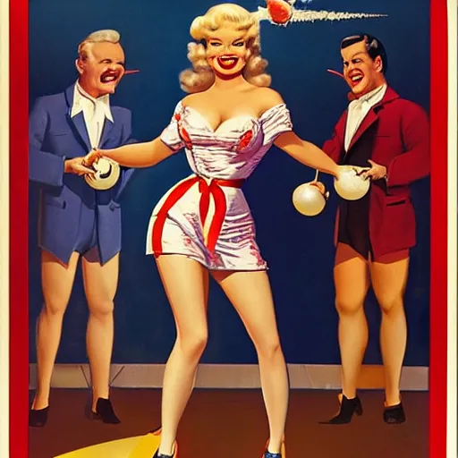 Image similar to let's go bowling with jayne mansfield by gil elvgren and mort drucker,