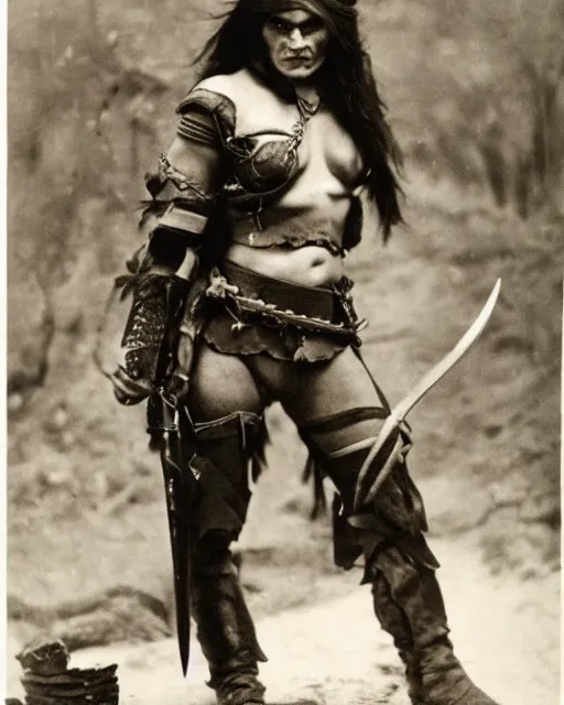 Prompt: female half orc with brown hair, melee weapons, dnd, leather clothing, photo by gertrude kasebier