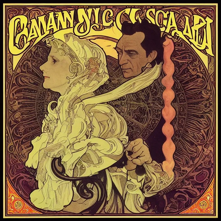 Image similar to album cover for the Johnny Cash and Snake Oil colab record. Snake oil, quackery, folk medicine, scamming, beautiful album cover with no text, artwork by Alphonse Mucha, snake oil