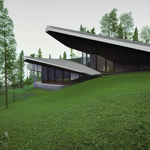 Image similar to a modern house in the woods. the house is the shape of a mobius strip with large picture windows. there are pine trees all around. digital art, 3 d render.