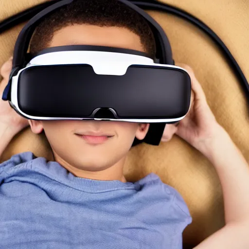 Image similar to a full-shot stock photo of a boy laying in bed with a bunch of stuff wearing a VR-headset, featured on flickr, cluttered