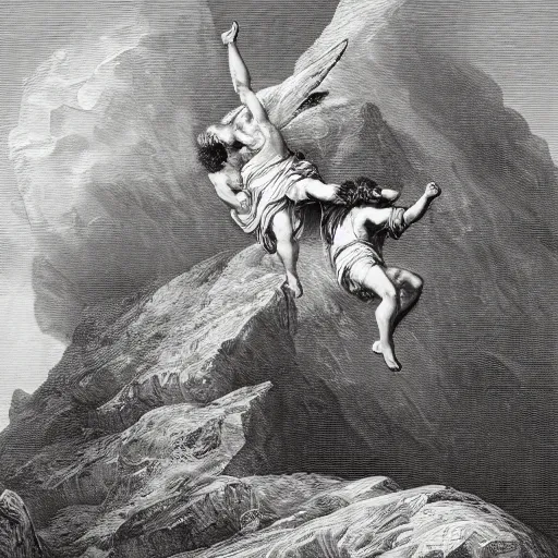 Image similar to A biblical painting of Jacob dropkicking an angel at the top of a mountain by Gustave Doré, black and white palette, Scenic, Dramatic, detailed, dropkick