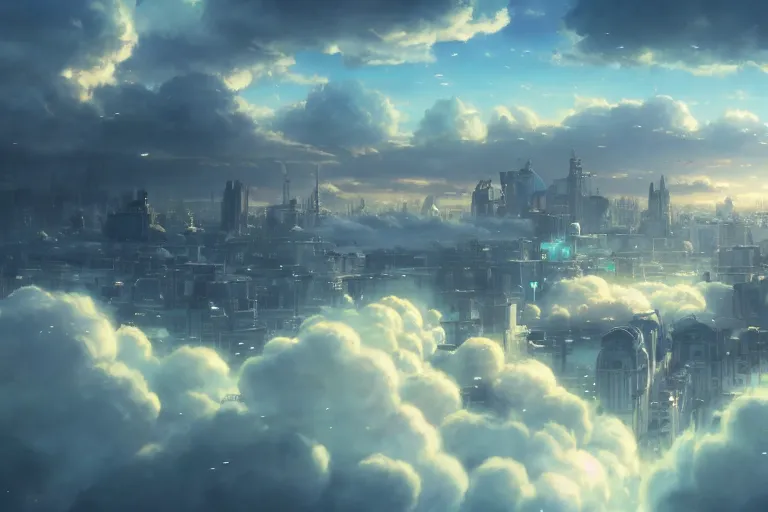 Image similar to ultra realistic city floating on clouds, colors, 8 k, hd, details, fantasy, epic, ancient city, landscape illustration concept art anime key visual trending pixiv fanbox by wlop and greg rutkowski and makoto shinkai and studio ghibli and kyoto animation symmetrical facial features