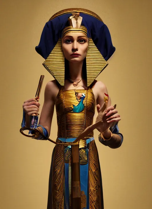 Image similar to an anthropomorphic beautiful female wizard of pharaoh holding magic wand portrait wearing robe, fine art, award winning, intricate, elegant, sharp focus, octane render, hyperrealistic, cinematic lighting, highly detailed, digital painting, 8 k concept art, art by jamie hewlett and z. w. gu, masterpiece, trending on artstation, 8 k