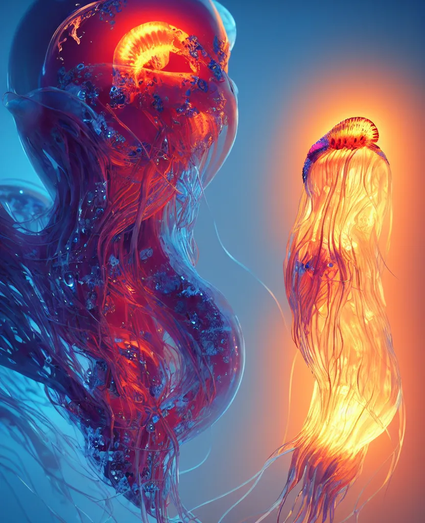 Prompt: goddess close-up portrait. jellyfish phoenix head, nautilus, butterfly, skull, ice and fire, bioluminiscent creatures, intricate artwork by Tooth Wu and wlop and beeple. octane render, trending on artstation, greg rutkowski very coherent symmetrical artwork. cinematic, hyper realism, high detail, octane render, 8k