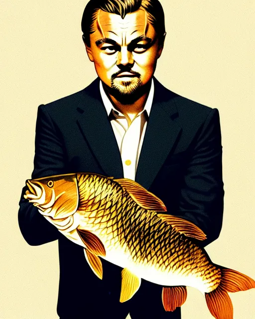 Image similar to photograph of leonardo dicaprio holding a carp in his both hands. movie poster, illustration by bartek fedyczak, erak note, tooth wu, neil richards, kan liu, siwoo kim, jisu choe, trending on art station