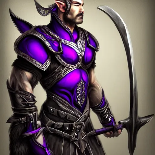 Image similar to Portrait of a seasoned muscular elven warrior in black and purple armour and wolf skin. In style of Hyung-tae Kim, concept art, trending on ArtStation, Korean MMORPG.