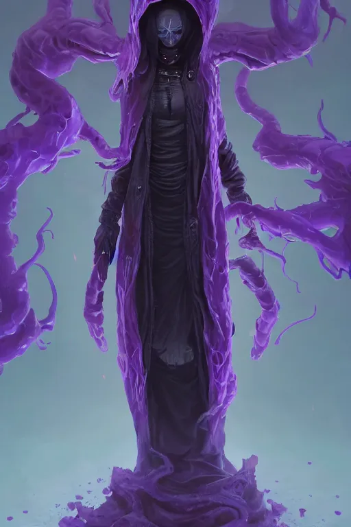 Image similar to A full body portrait of a mysterious character with no face with a very long hooded dark purple cloak tentacles coming out the ground art by Maciej Kuciara and Jason Chan, ominous, cosmic horror, trending on artstation, Ultra detailed, hyper realistic 4k