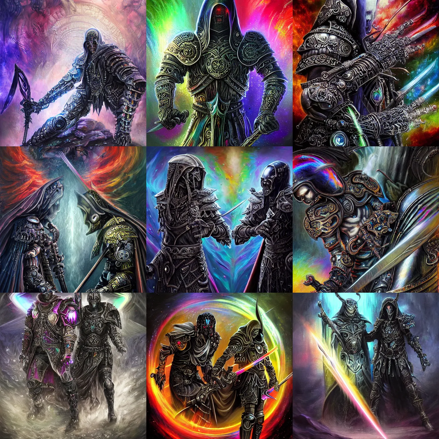 Prompt: Sword clash of two powerful opposing iridescent ornate cloaked hooded warrior technology gods, dark gritty realistic highly detailed intricate artistic award winning digital oil painting, partially cybernetic dark entity gods made of future technology brandishing cosmic smoking iridescent weaponry, intricate, ornate, black armor with hints of rainbow and gothic influence, smooth oil painting, muted realistic colors, epic megastructure space scene background, super intricate, galactic, moody colors, realistic, real colors, moody, ominous, dangerous aura, microchips, crystallic, iridescent, lasers, gems, multicolored glints, precious elements, beautiful, detailed, concept art, render, unreal engine, 4K, artstation