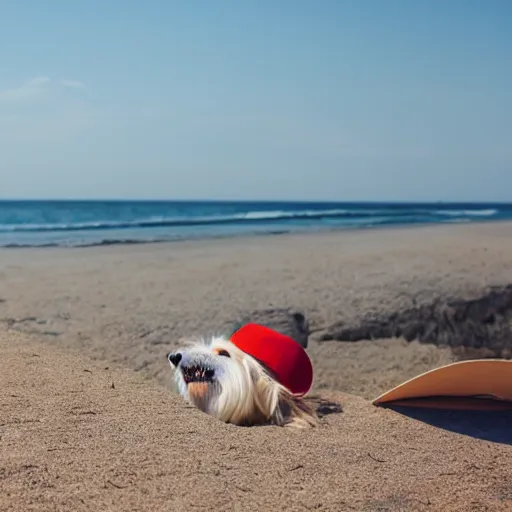 Prompt: Dog with hat on the beach having a picknick